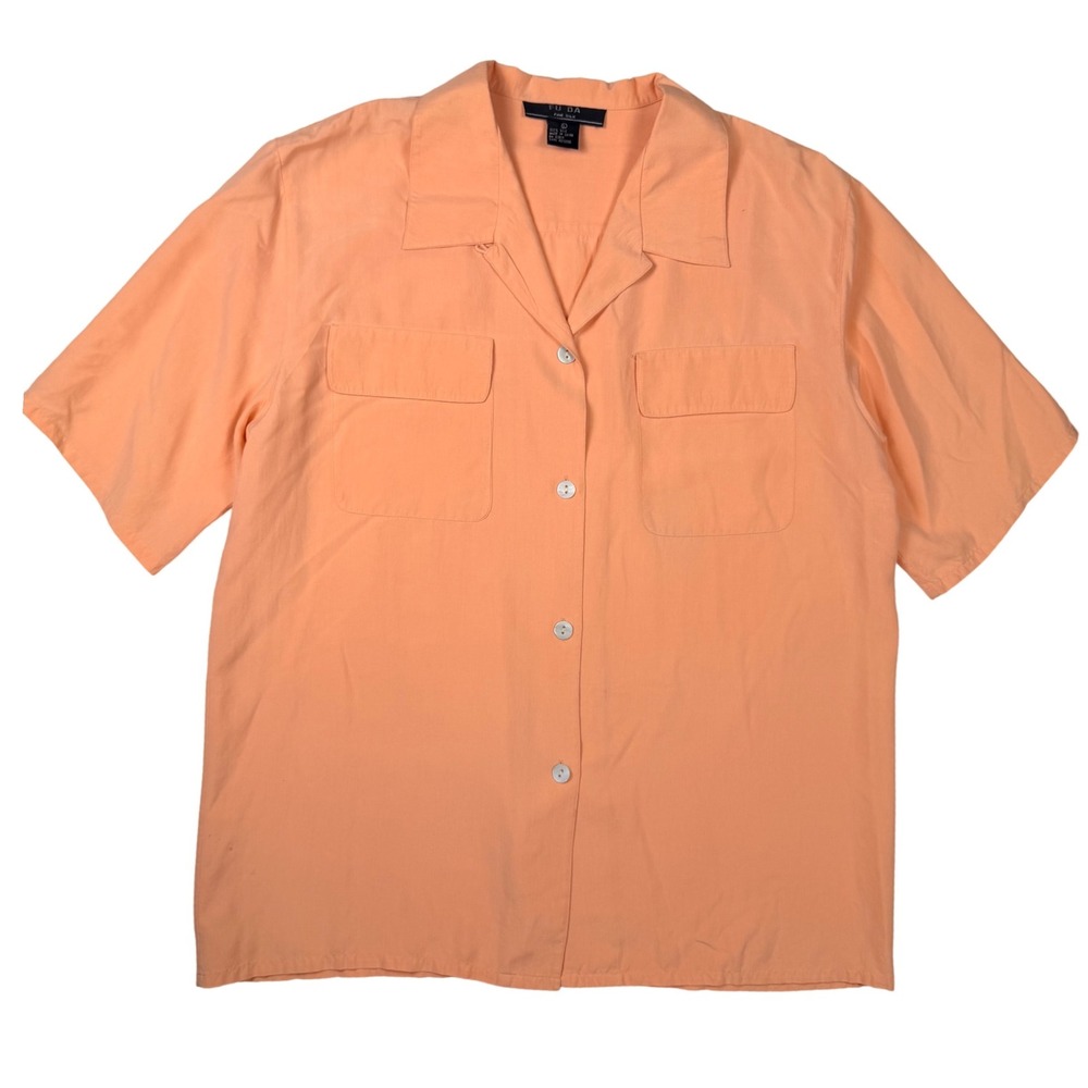 Fu Da Y2K Silk‎ Button Down Shirt Womens L Peach Good Camp Collar Short Sleeve